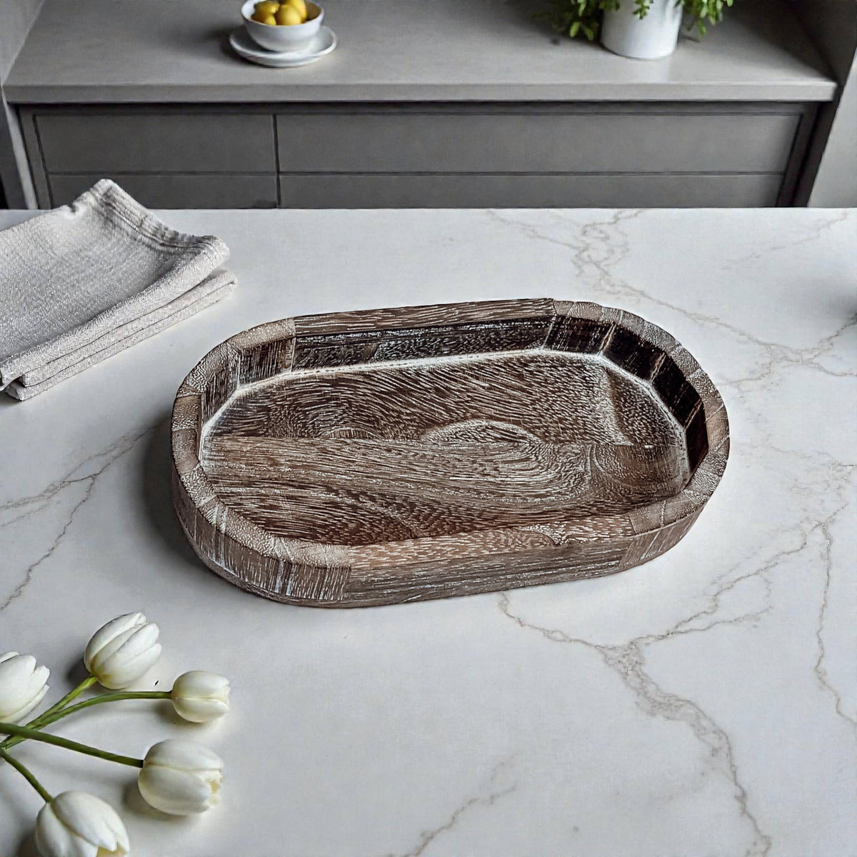 Raised Handmade Wooden Pedestal Stands, Wood Trinket Trays: Rustic Distressed Oval