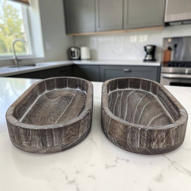 Raised Handmade Wooden Pedestal Stands, Wood Trinket Trays: Rustic Distressed Oval