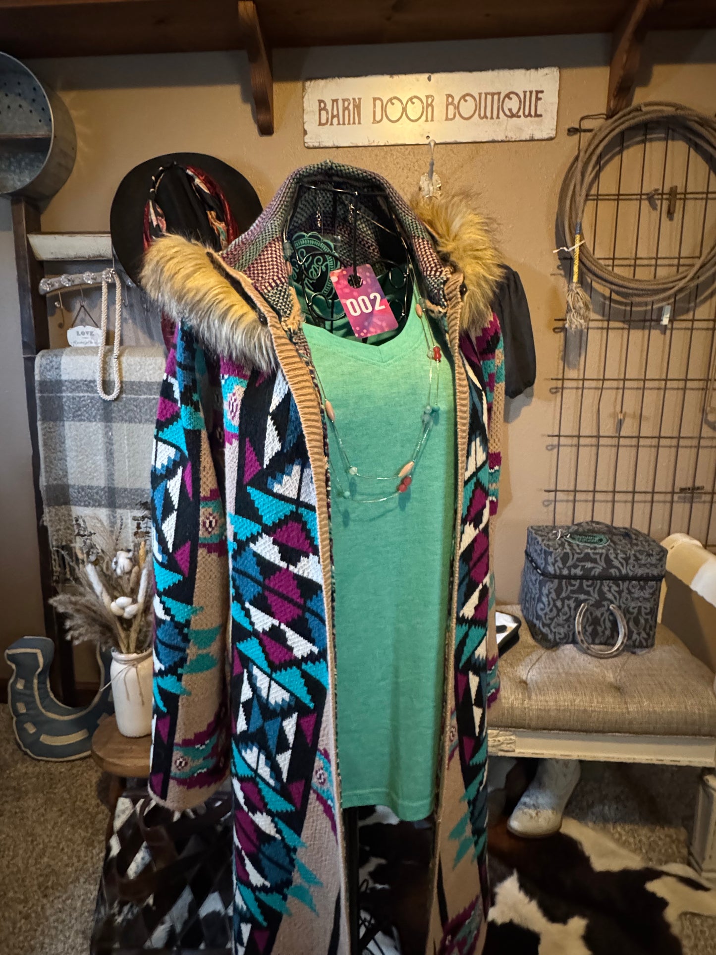 Sterling Kreek Barn Cozy Aztec Hooded Cardigan – Faux Fur Trim (#002)🩵