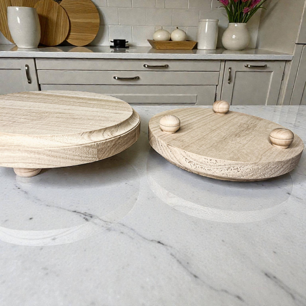 Raised Handmade Wooden Pedestal Stands, Wood Trinket Trays: Rustic Distressed Oval