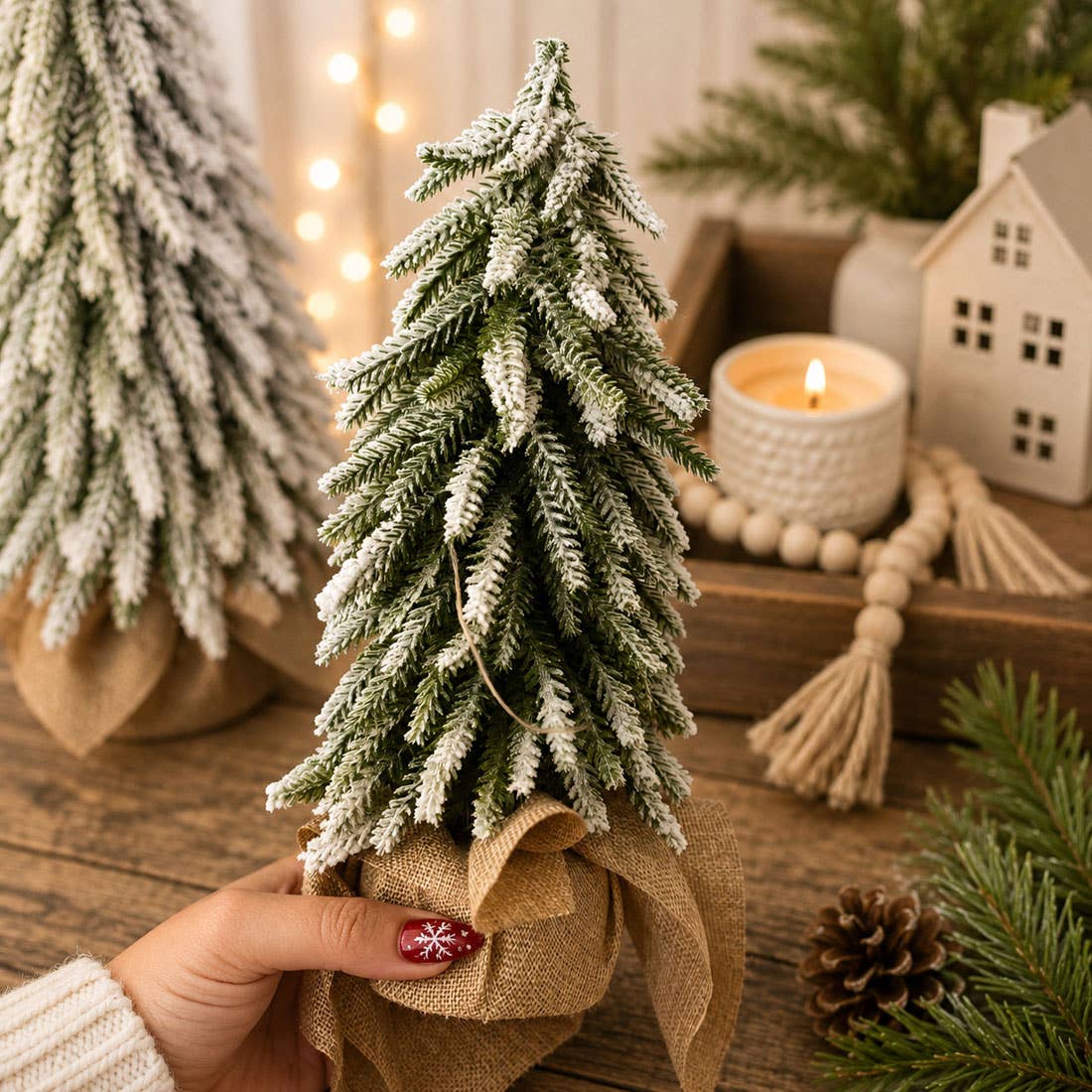 Christmas Trees with Snow, Holiday Mantle & Shelf Home Decor: 8"