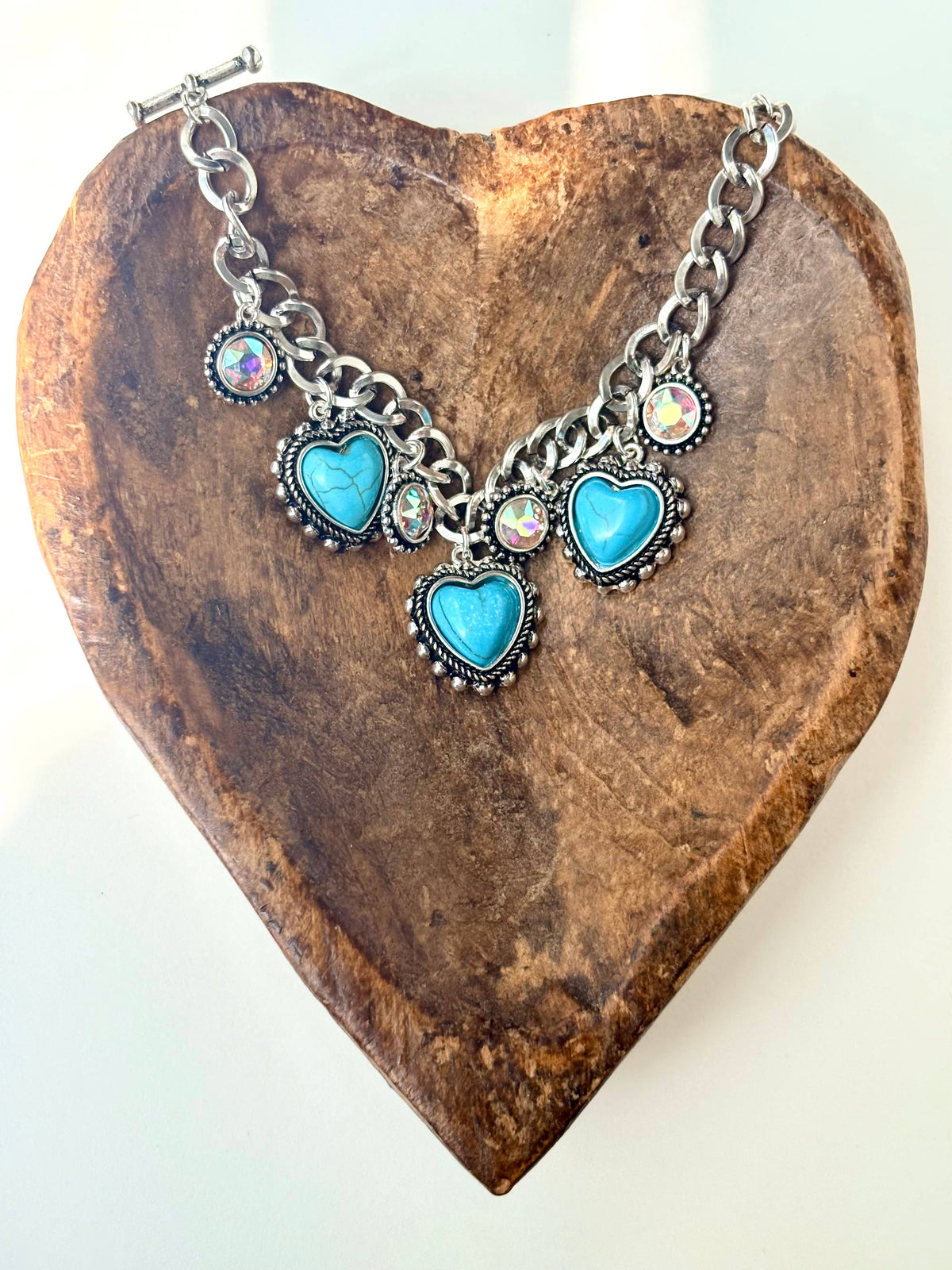 Heart Turquoise Stone Charm & Rhinestone Toggle Bracelet