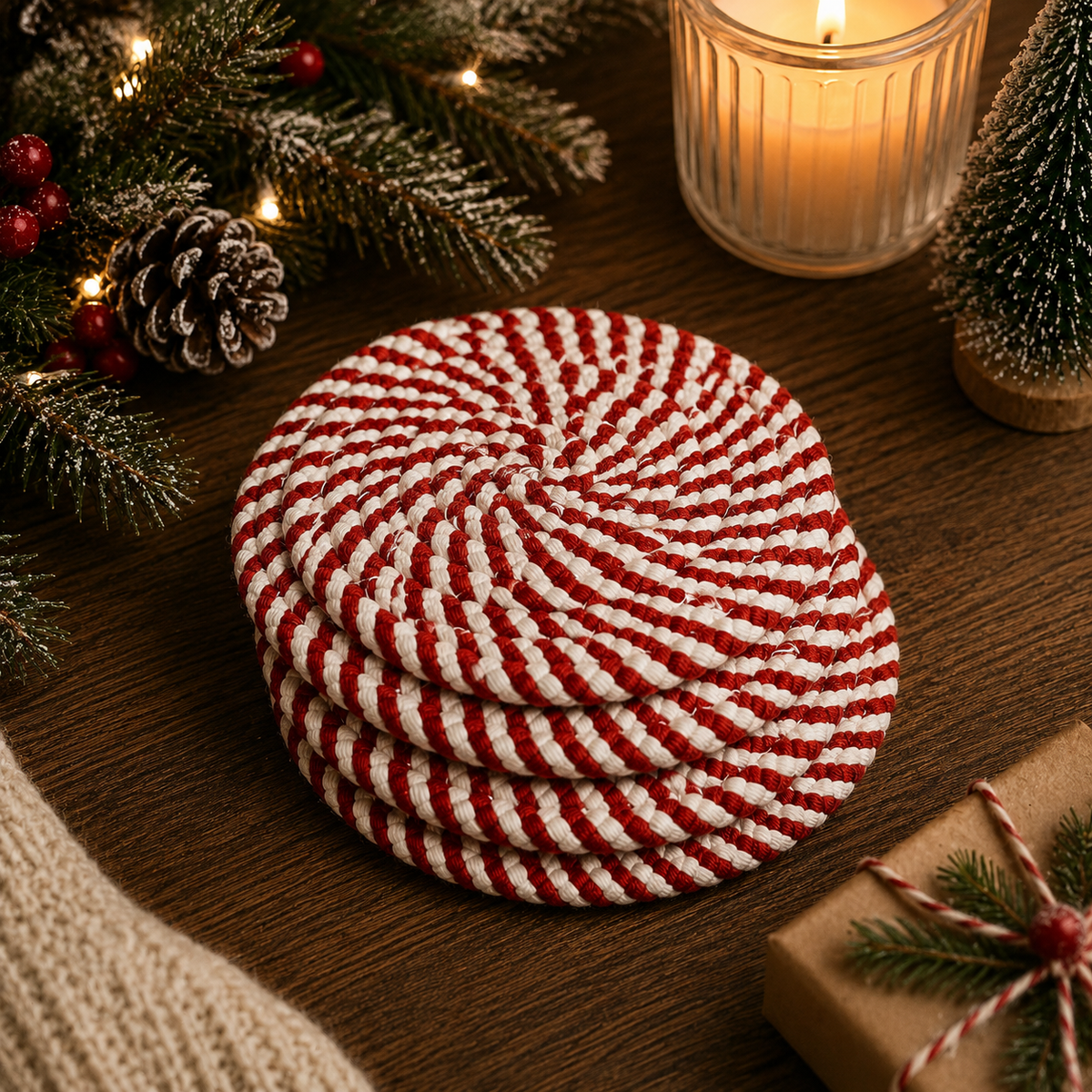 Holiday Fabric Coasters, Red White Christmas Coaster Set: Red-4pk