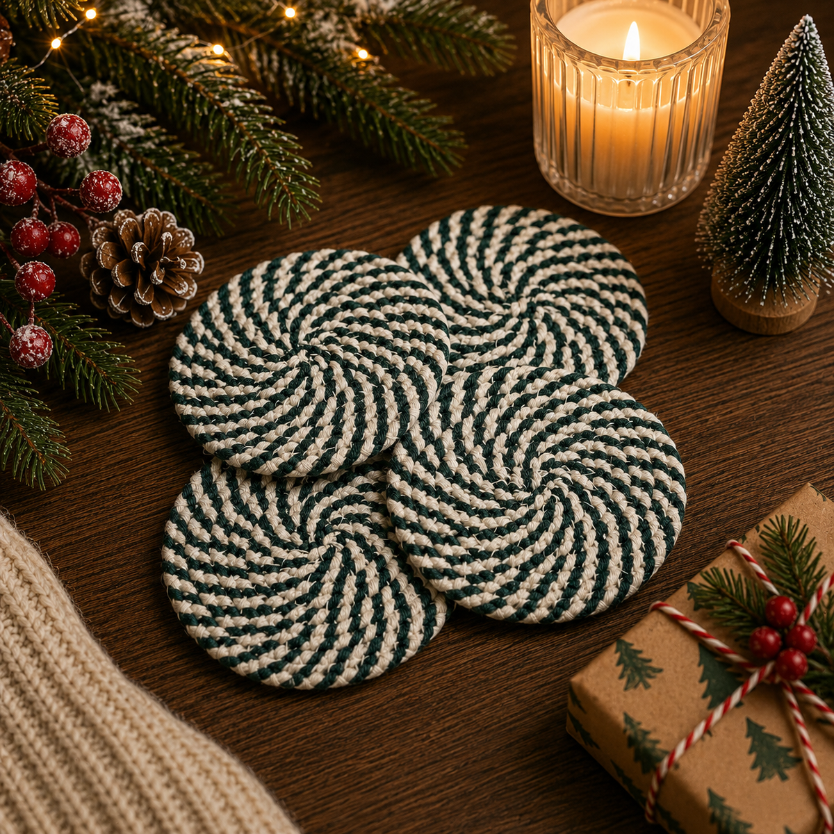 Holiday Fabric Coasters, Red White Christmas Coaster Set: Red-4pk