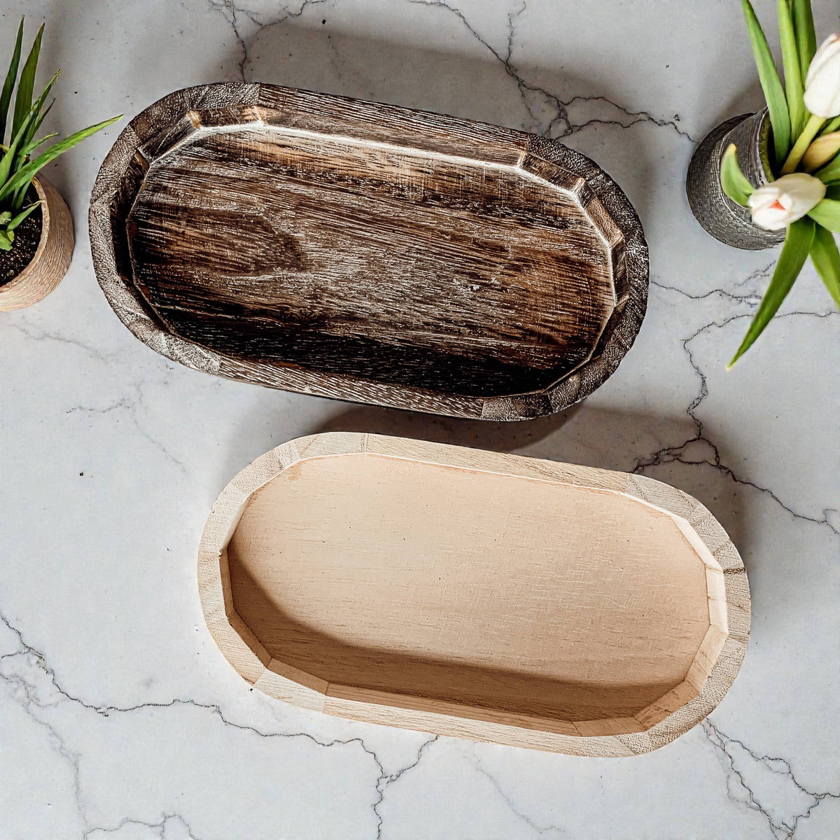 Raised Handmade Wooden Pedestal Stands, Wood Trinket Trays: Rustic Distressed Oval
