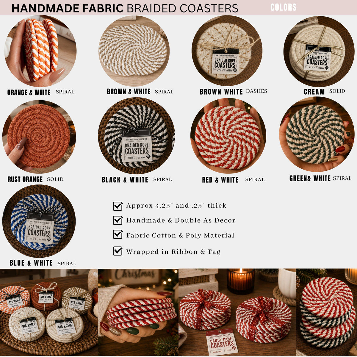 Holiday Fabric Coasters, Red White Christmas Coaster Set: Red-4pk