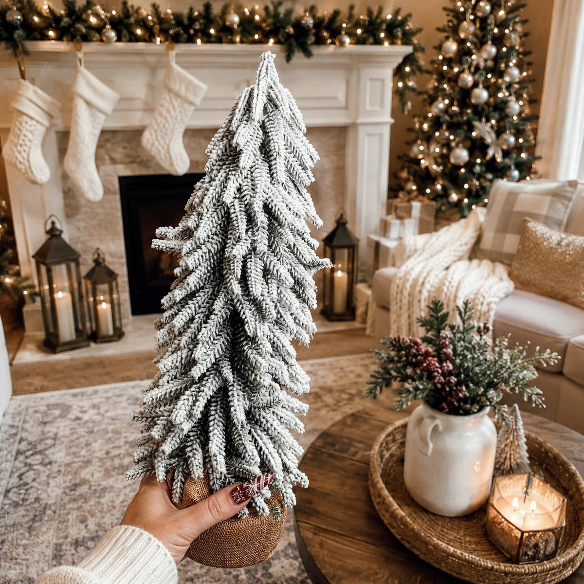 Christmas Trees with Snow, Holiday Mantle & Shelf Home Decor: 8"