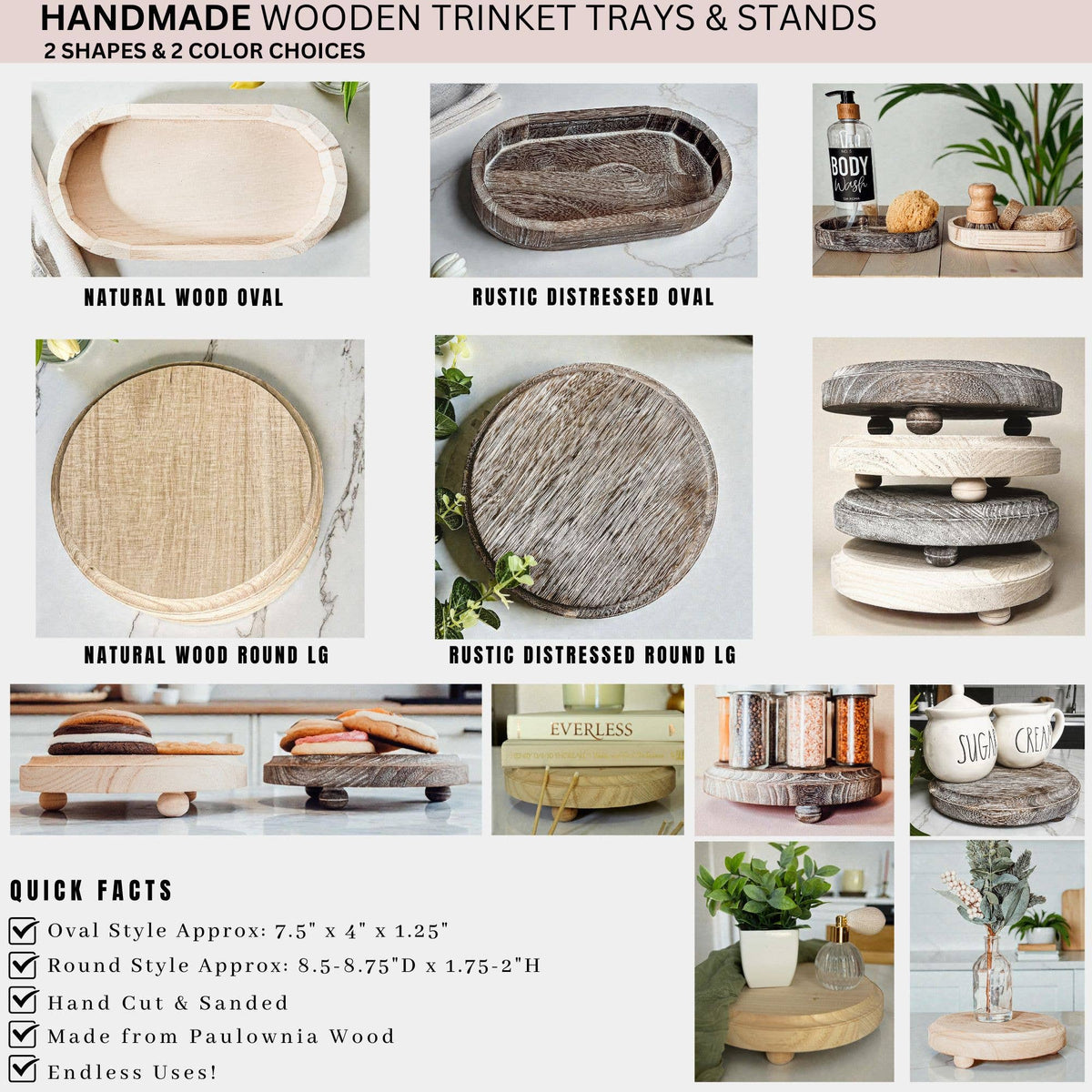 Raised Handmade Wooden Pedestal Stands, Wood Trinket Trays: Rustic Distressed Oval