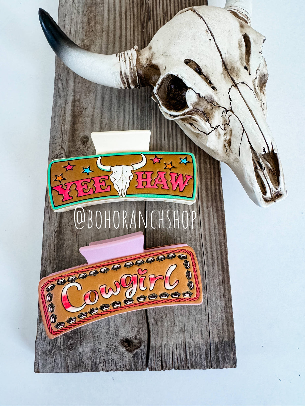Large Western Faux Embossed Leather Hair Clip Claw: PINK YEEHAW