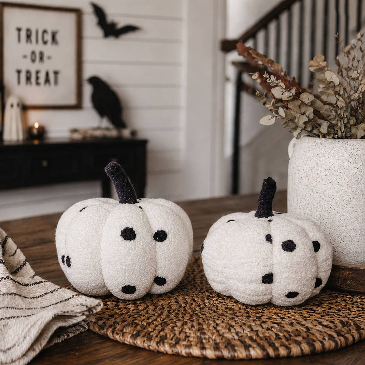 Neutral Fall + Halloween Home Decor, Cute Cotton Pumpkins BW: BW Polk a Dot / Small