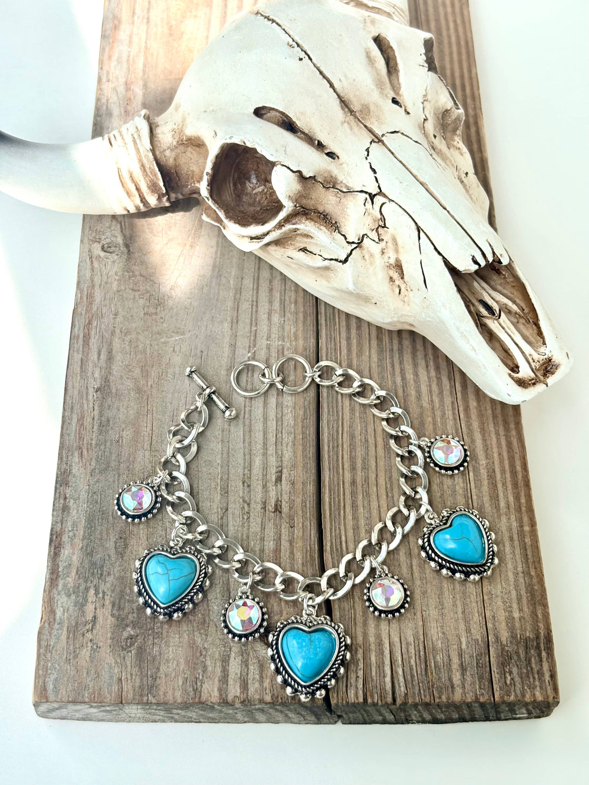 Heart Turquoise Stone Charm & Rhinestone Toggle Bracelet