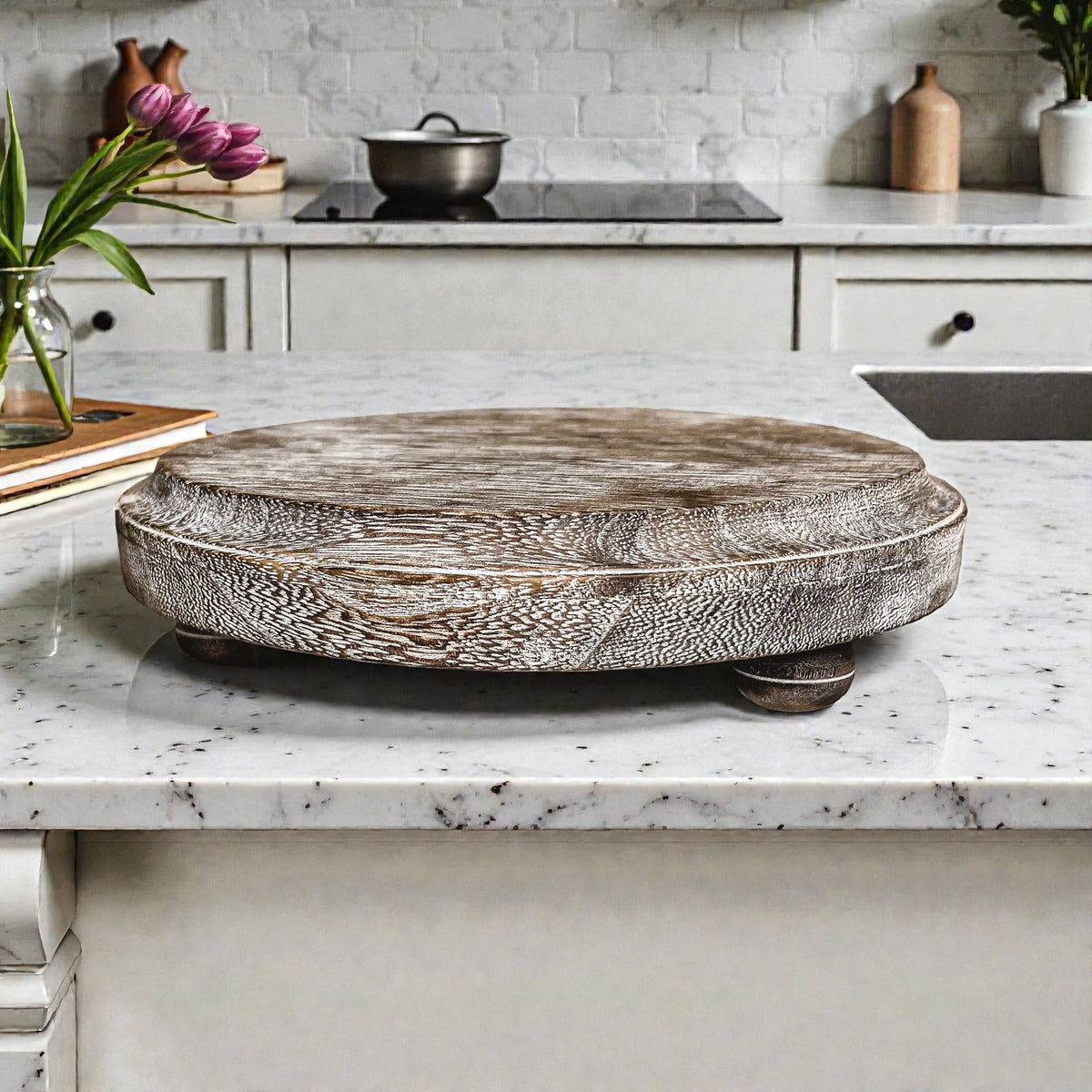 Raised Handmade Wooden Pedestal Stands, Wood Trinket Trays: Rustic Distressed Oval