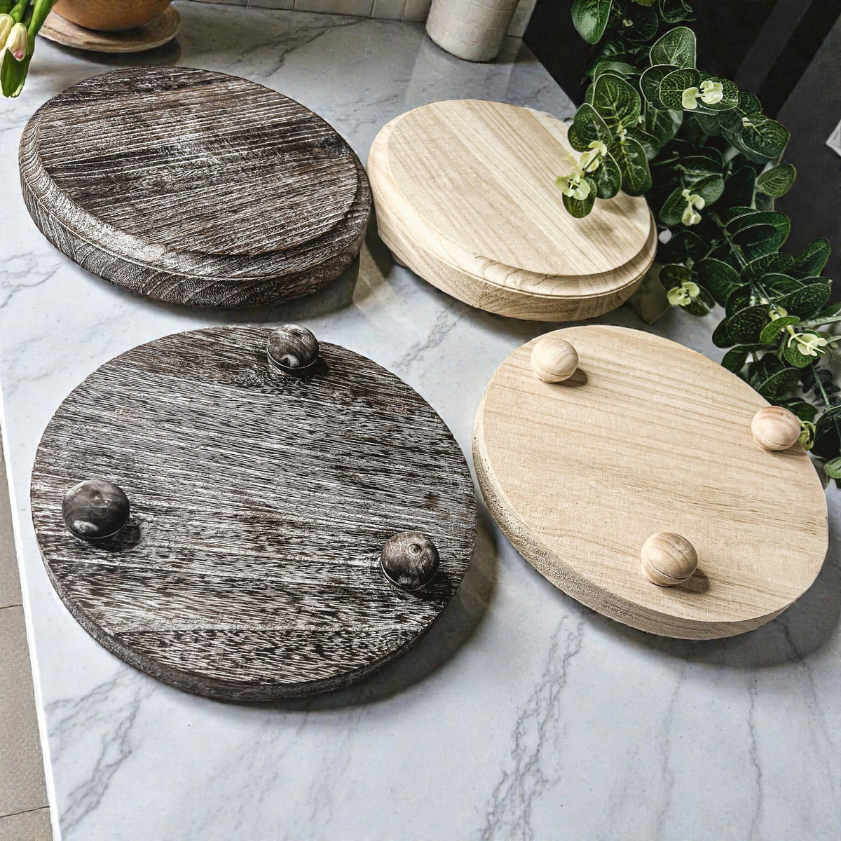 Raised Handmade Wooden Pedestal Stands, Wood Trinket Trays: Rustic Distressed Oval