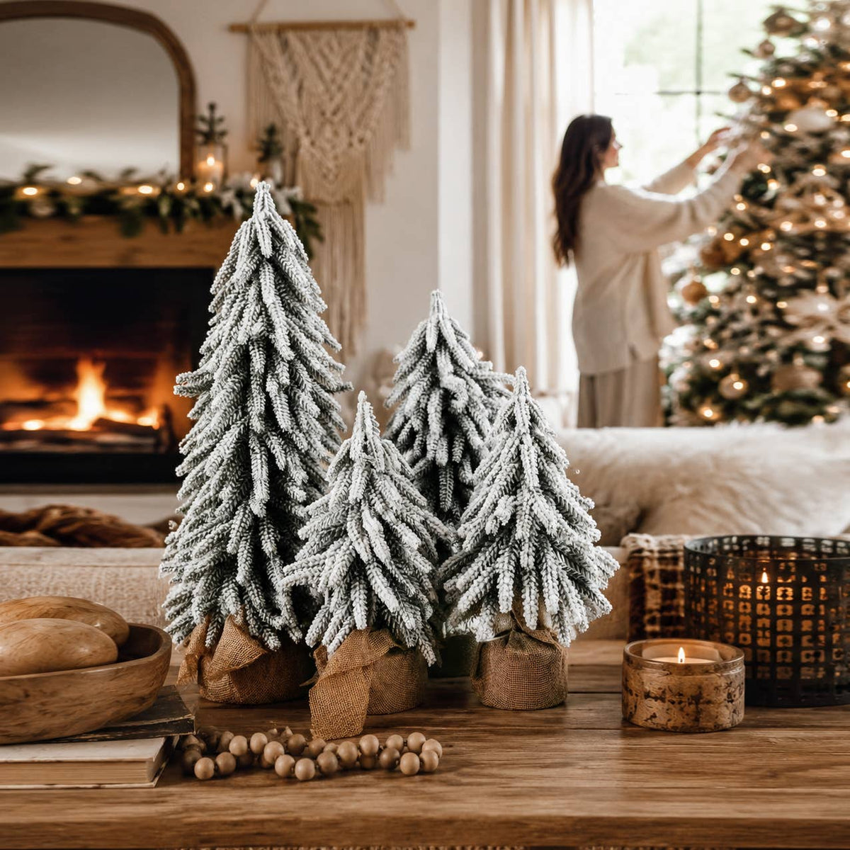 Christmas Trees with Snow, Holiday Mantle & Shelf Home Decor: 8"