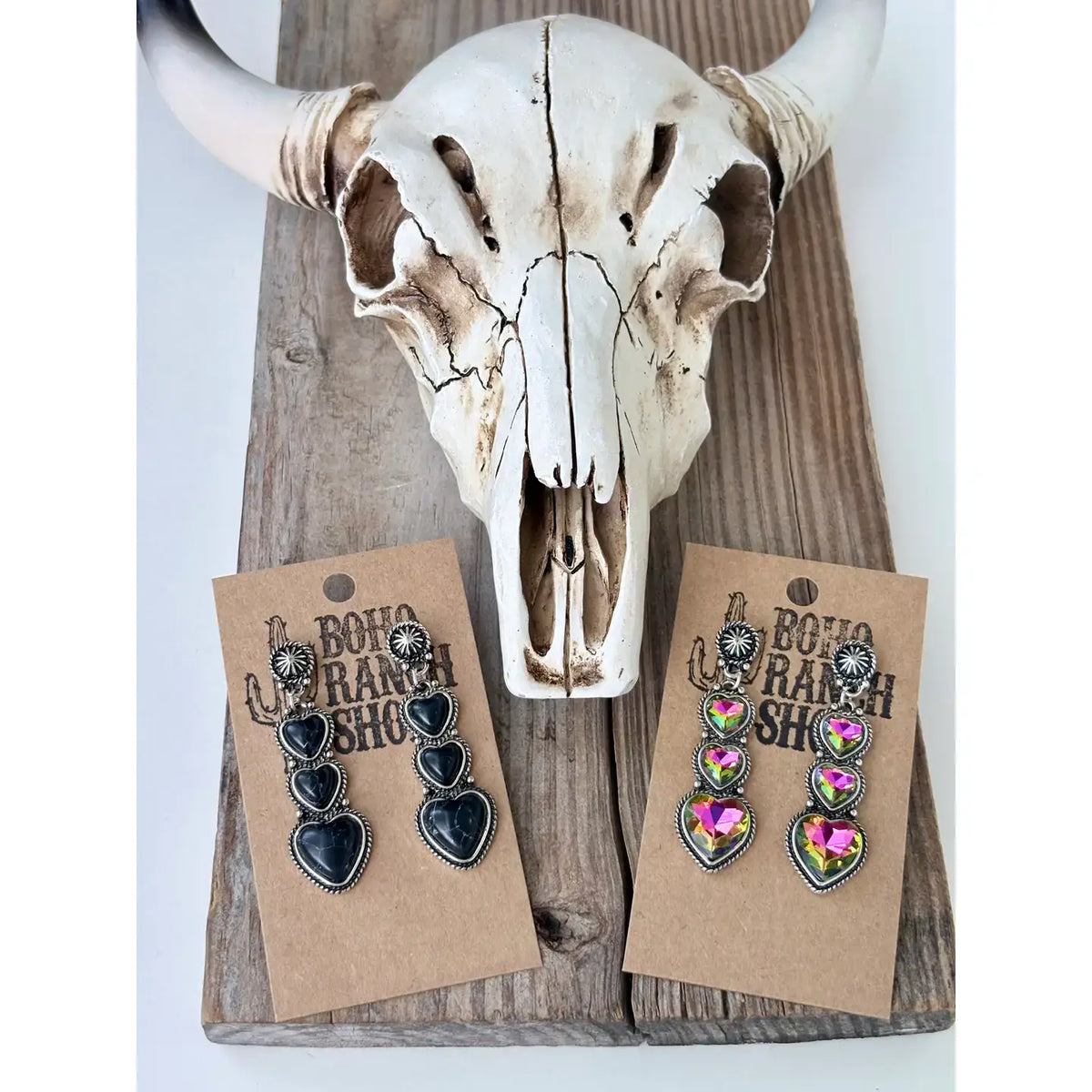 Western Style 3 Heart Stone Triple Post Drop Earrings: White