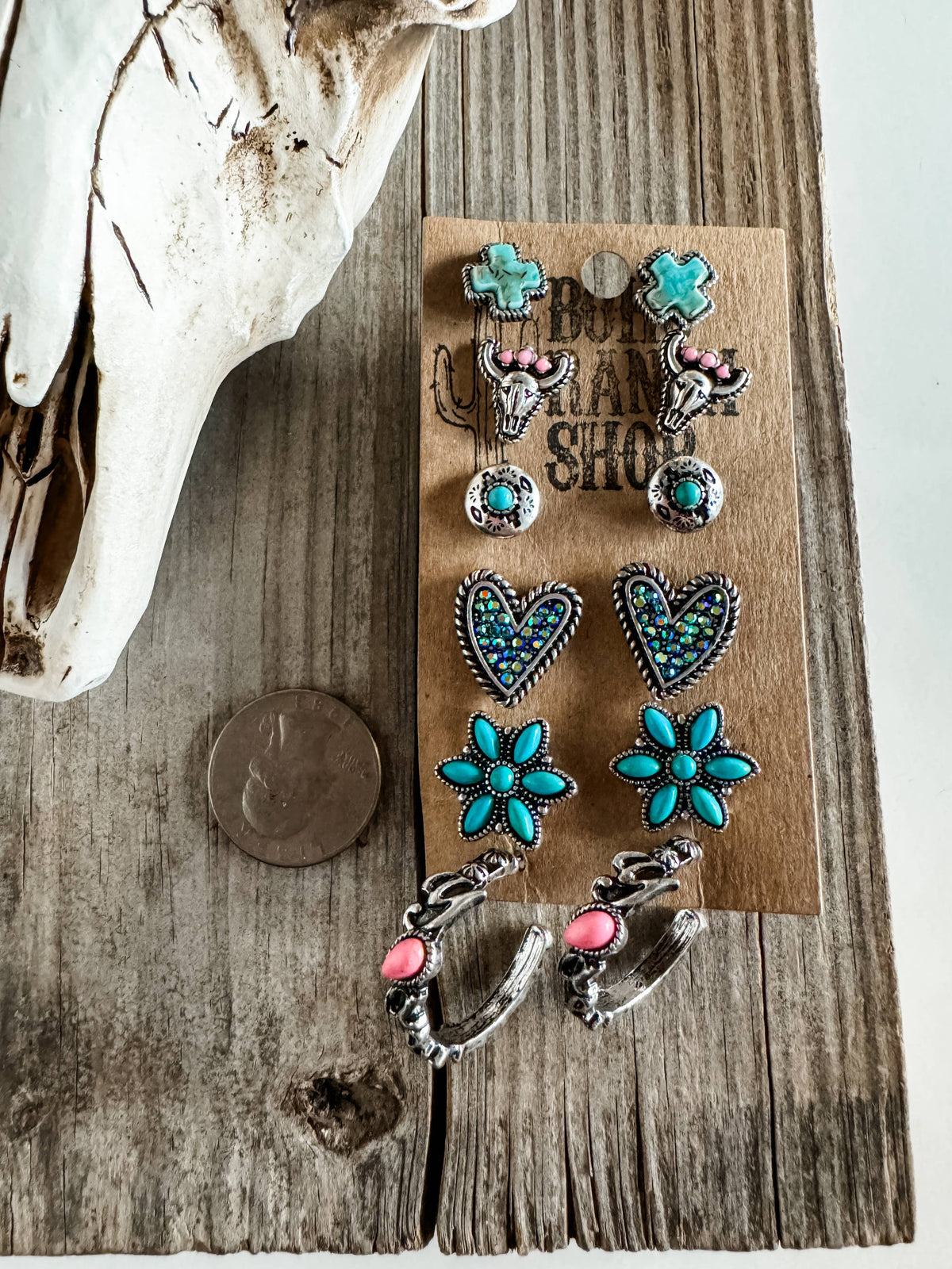 6 Pair Western Navajo Style Rhinestone Stud Stud Earring Set: TURQUOISE