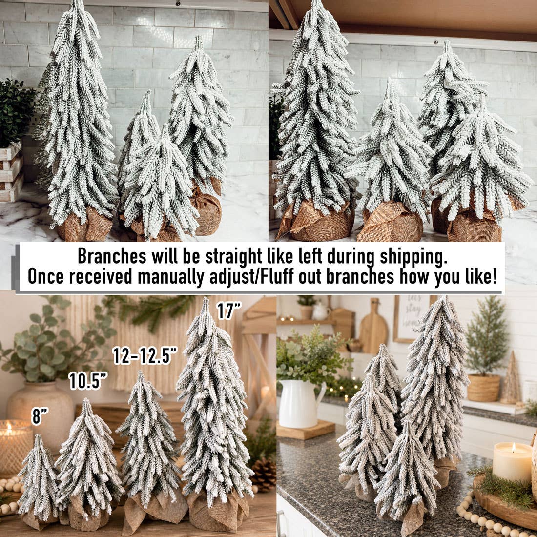 Christmas Trees with Snow, Holiday Mantle & Shelf Home Decor: 8"