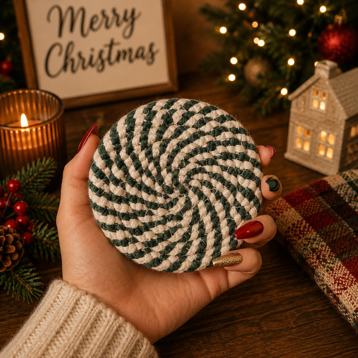 Holiday Fabric Coasters, Red White Christmas Coaster Set: Red-4pk