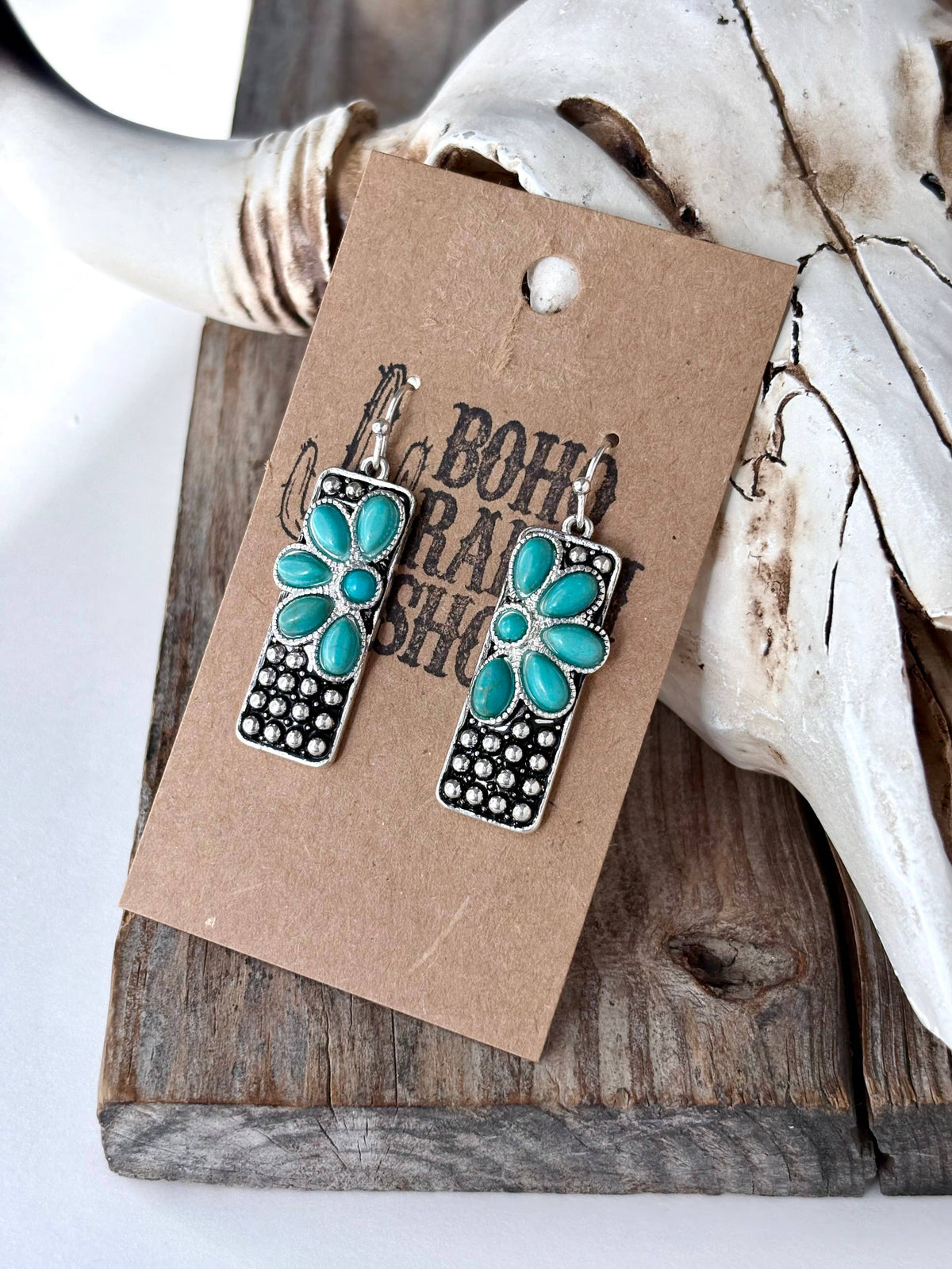 Western Style Pendant with Turquoise Stone Dangle Earrings: Rectangle