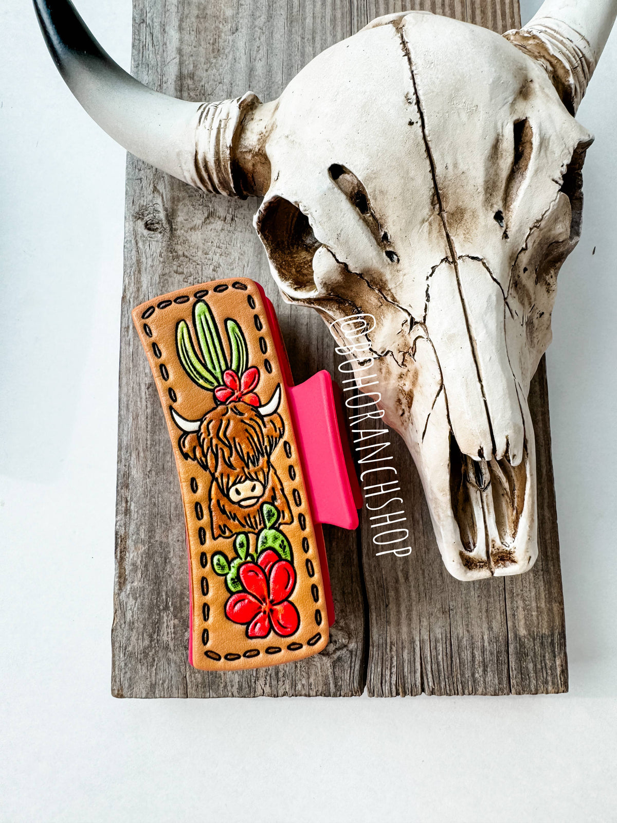 Large Western Faux Embossed Leather Hair Clip Claw: PINK YEEHAW