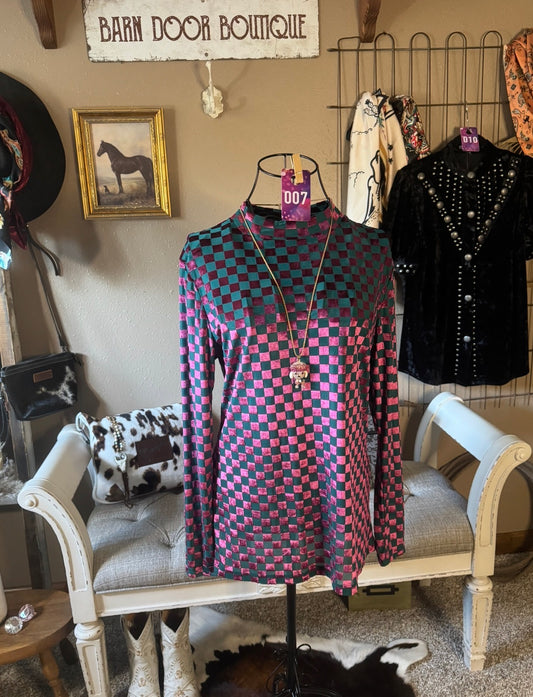 Sterling Kreek Bold Checkered Mock Neck Top – Emerald & Berry Shimmer (#007)