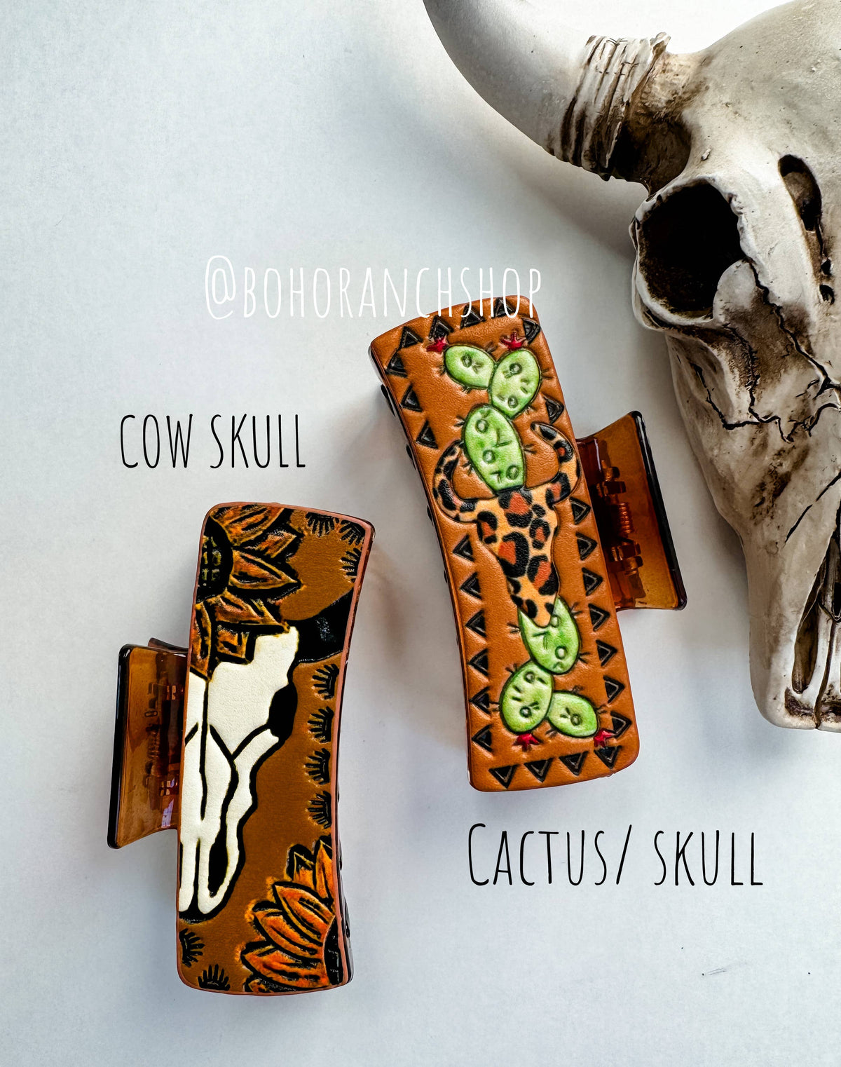 Large Western Faux Embossed Leather Hair Clip Claw: COW SKULL