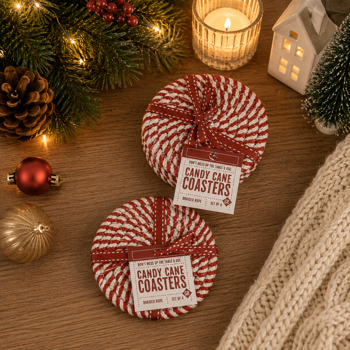 Holiday Fabric Coasters, Red White Christmas Coaster Set: Red-4pk