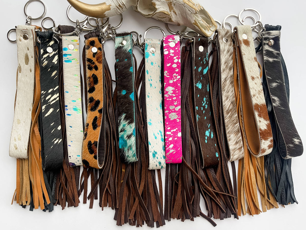 Cowhide Leather Fringe Tassel Keychain: BLACK + WHITE