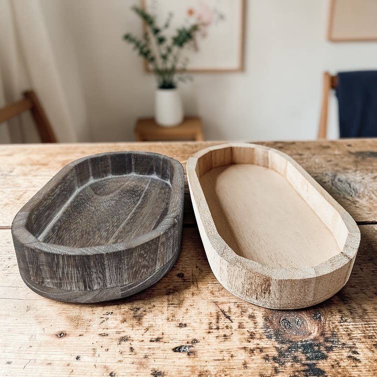 Raised Handmade Wooden Pedestal Stands, Wood Trinket Trays: Rustic Distressed Oval