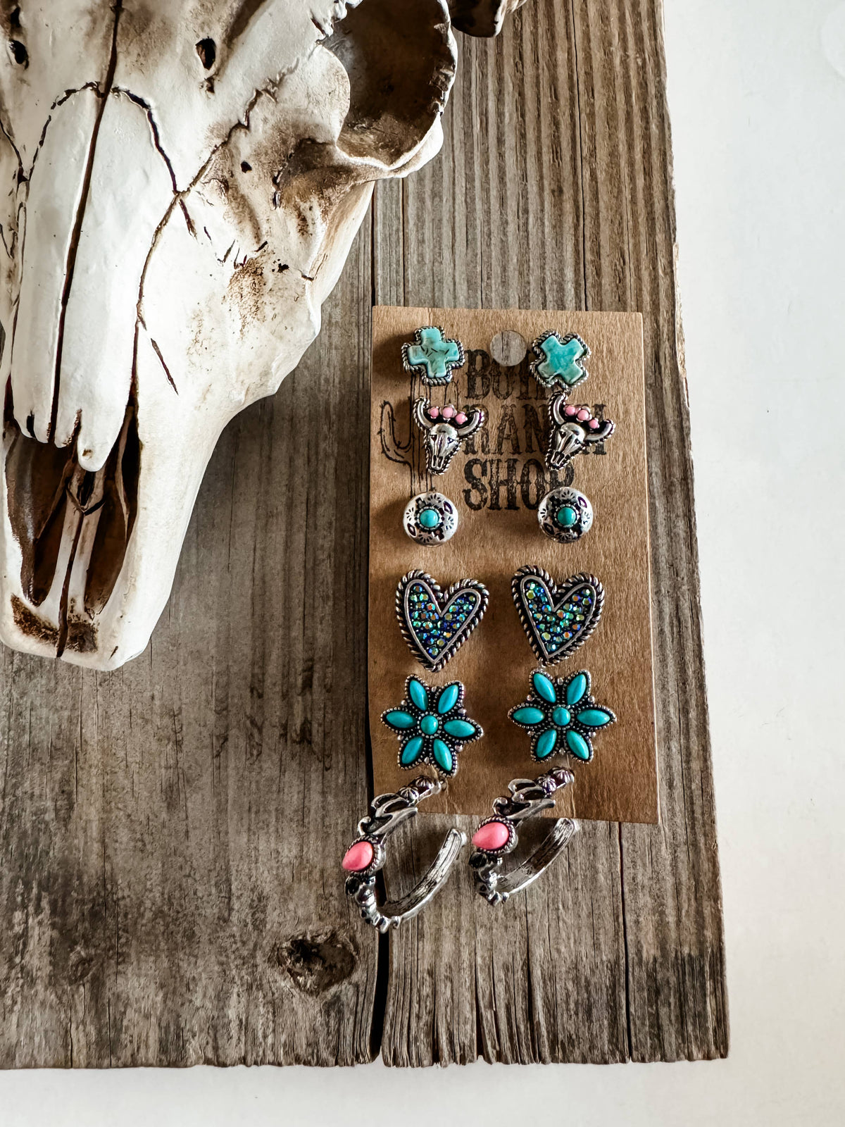 6 Pair Western Navajo Style Rhinestone Stud Stud Earring Set: TURQUOISE