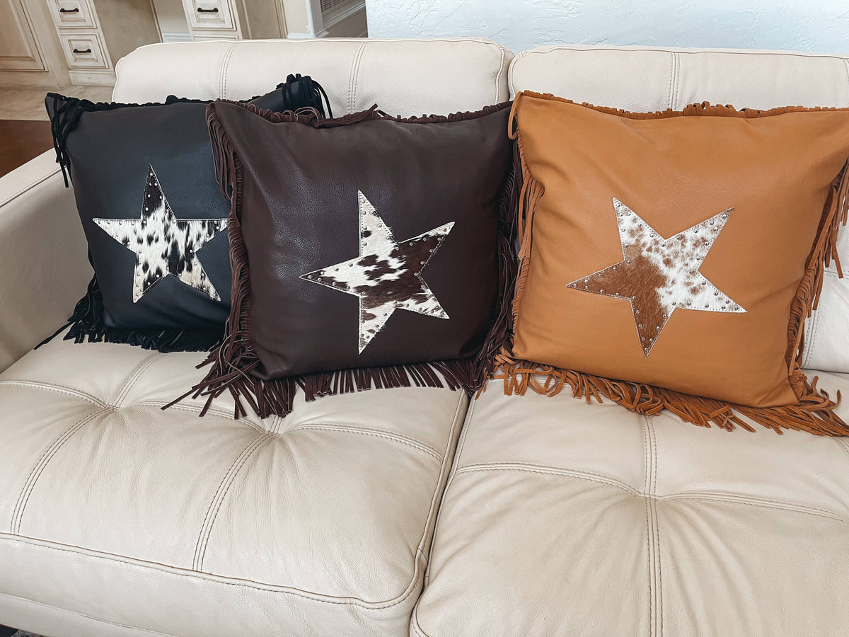 Western Cowhide Star Leather Fringe Pillow Cover: TAN + WHITE COWHIDE