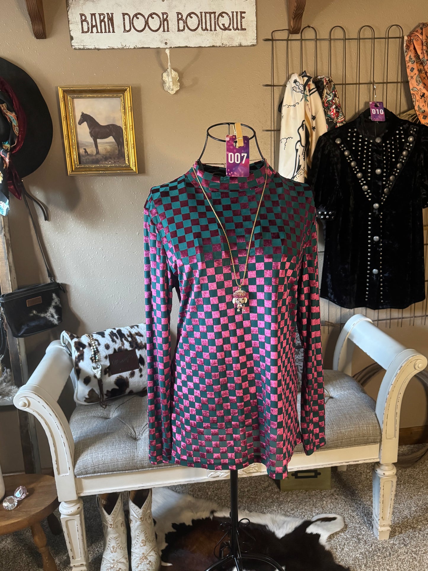 Sterling Kreek Bold Checkered Mock Neck Top – Emerald & Berry Shimmer (#007)