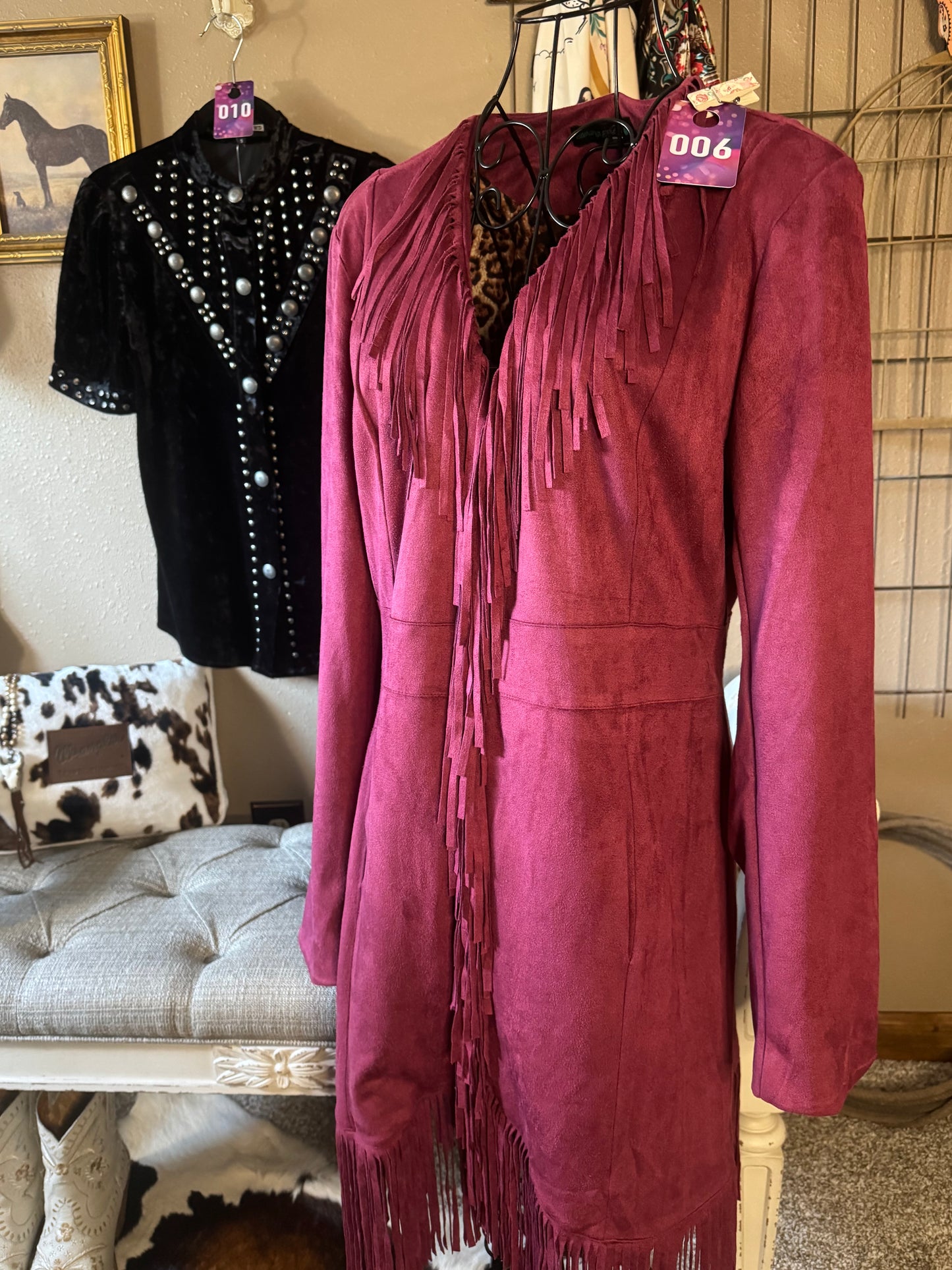 Sterling Kreek Rustic Burgundy Fringe Jacket – Western Style with Leopard Lining (#006)