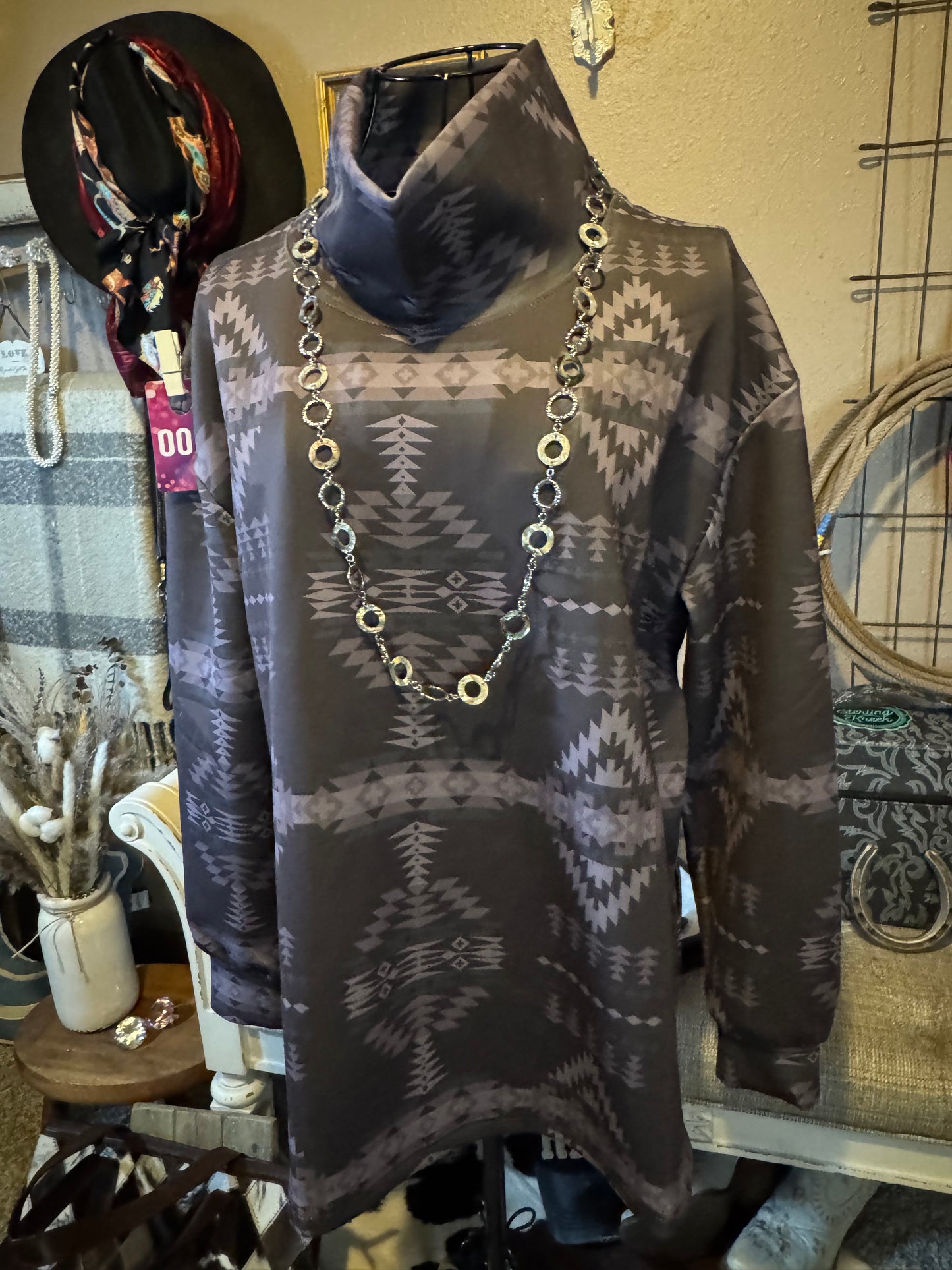 Sterling Kreek Smoky Charcoal Aztec Cowl Neck Pullover (#005)