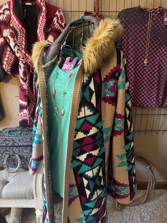 Sterling Kreek Barn Cozy Aztec Hooded Cardigan – Faux Fur Trim (#002)🩵