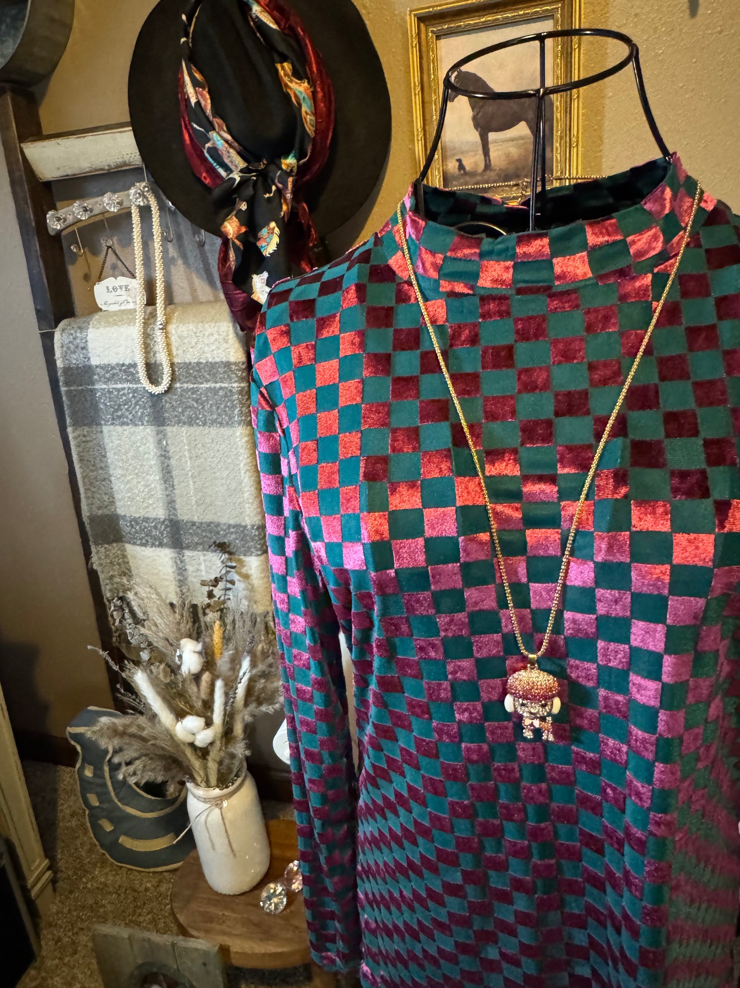 Sterling Kreek Bold Checkered Mock Neck Top – Emerald & Berry Shimmer (#007)