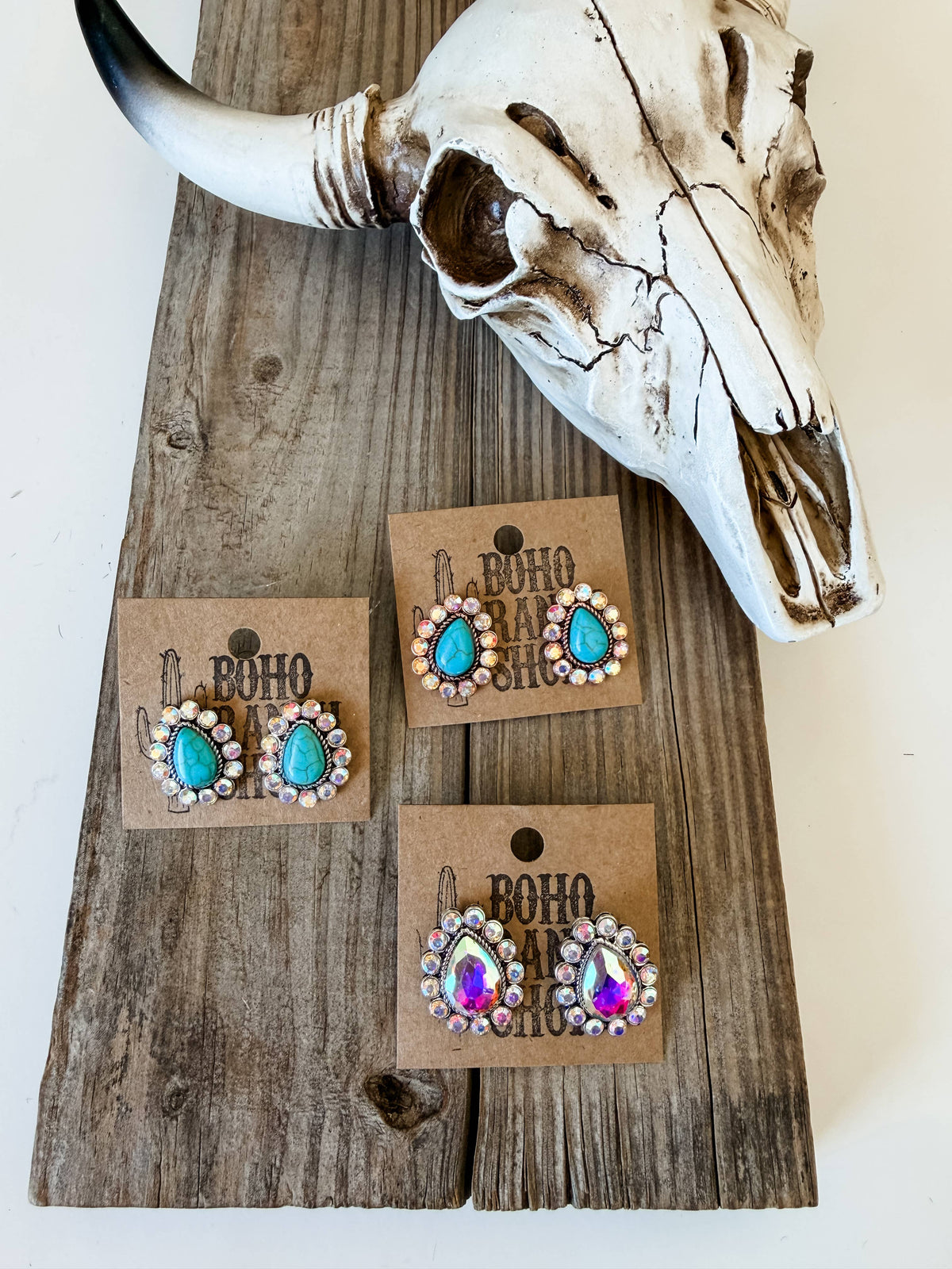 Western  Stone Teardrop Stud Earrings - Turquoise | Clear: CLEAR AB STONE