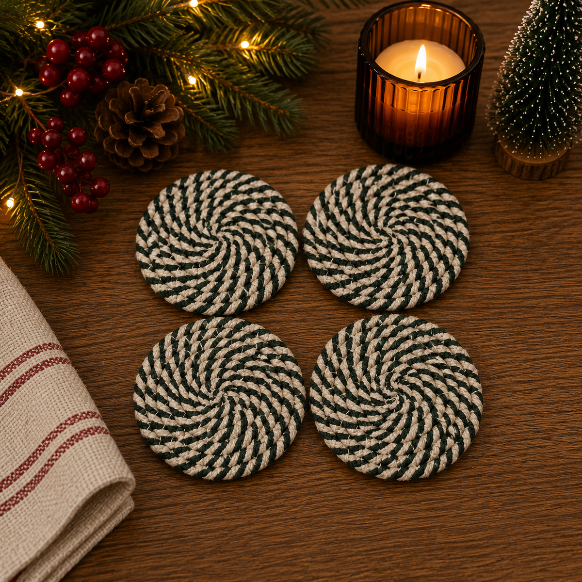 Holiday Fabric Coasters, Red White Christmas Coaster Set: Red-4pk