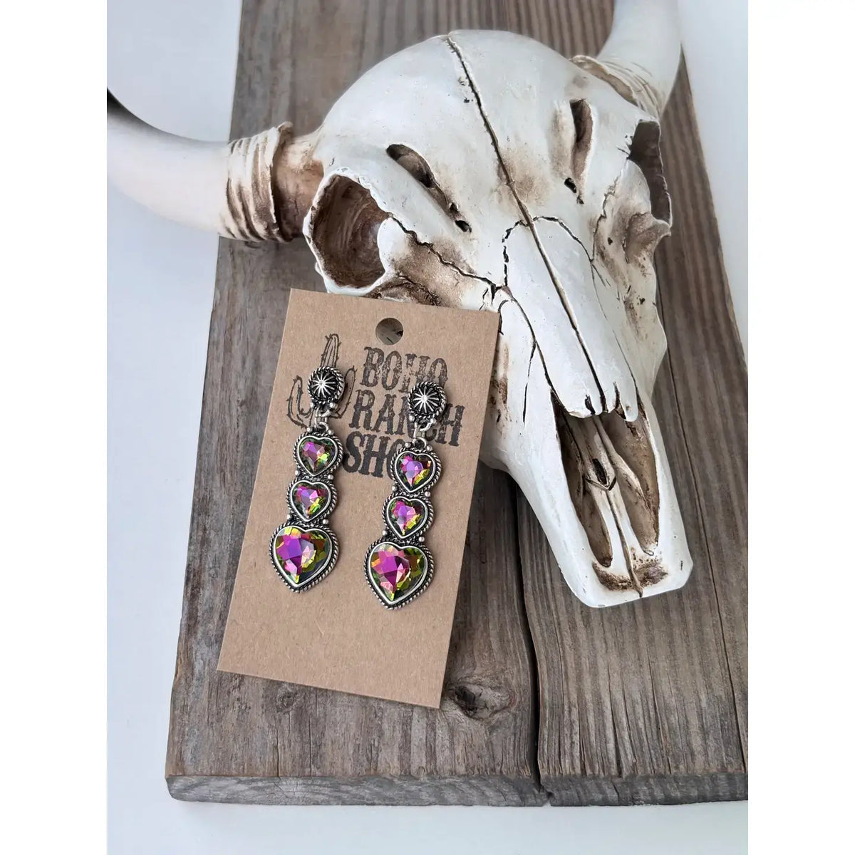 Western Style 3 Heart Stone Triple Post Drop Earrings: White