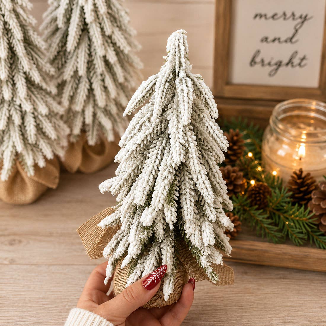 Christmas Trees with Snow, Holiday Mantle & Shelf Home Decor: 8"
