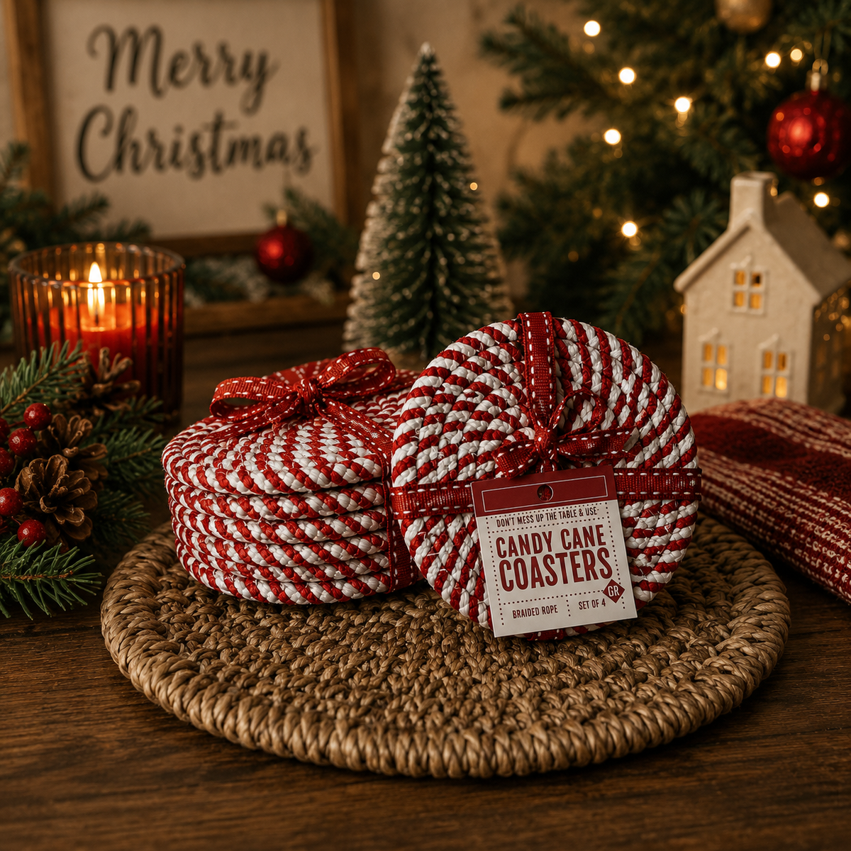 Holiday Fabric Coasters, Red White Christmas Coaster Set: Red-4pk