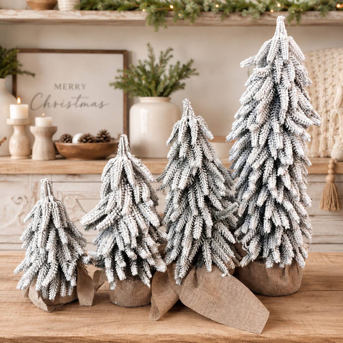 Christmas Trees with Snow, Holiday Mantle & Shelf Home Decor: 8"