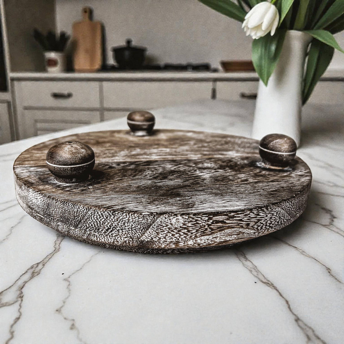 Raised Handmade Wooden Pedestal Stands, Wood Trinket Trays: Rustic Distressed Oval