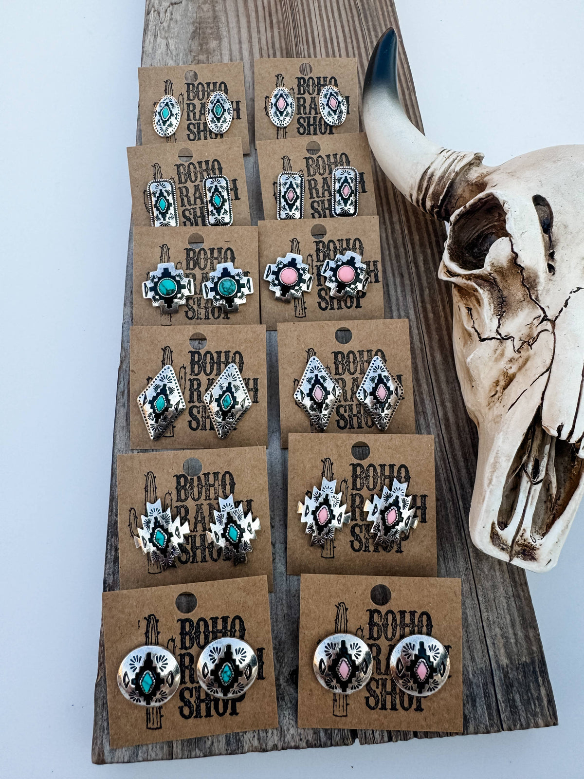 Western Hand Stone Aztec Post Earrings - turquoise pink: STYLE 5 - AZTEC TURQUOISE
