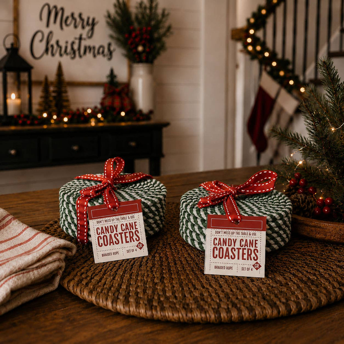 Holiday Fabric Coasters, Red White Christmas Coaster Set: Red-4pk