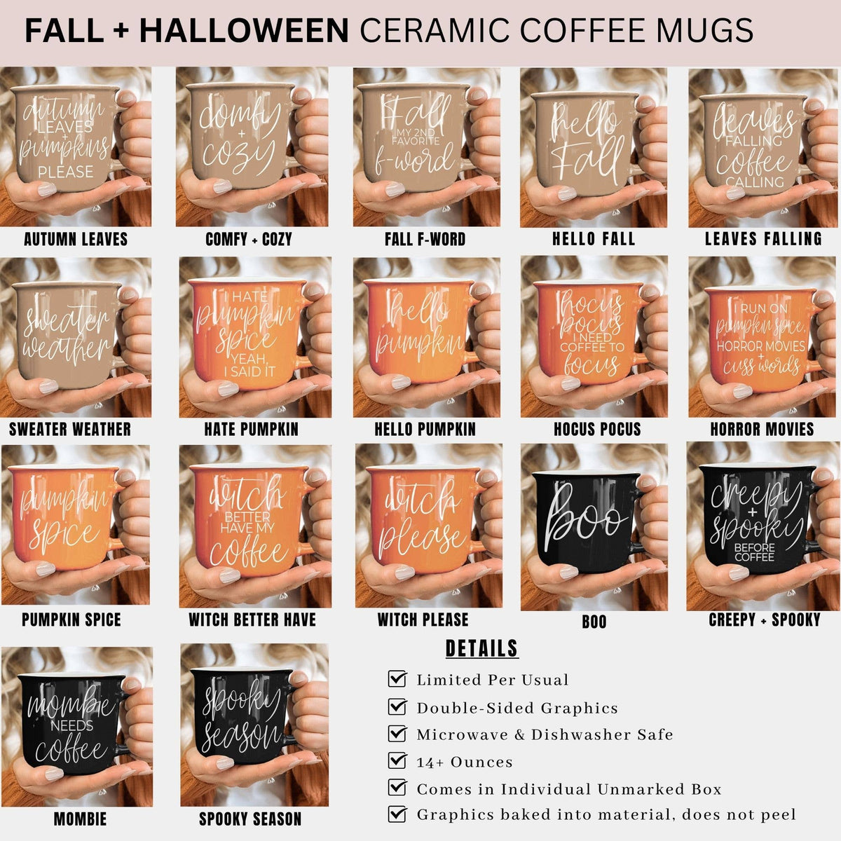Farmhouse Fall & Halloween Coffee Mugs, Modern Ceramic Cups: Boo (Black)