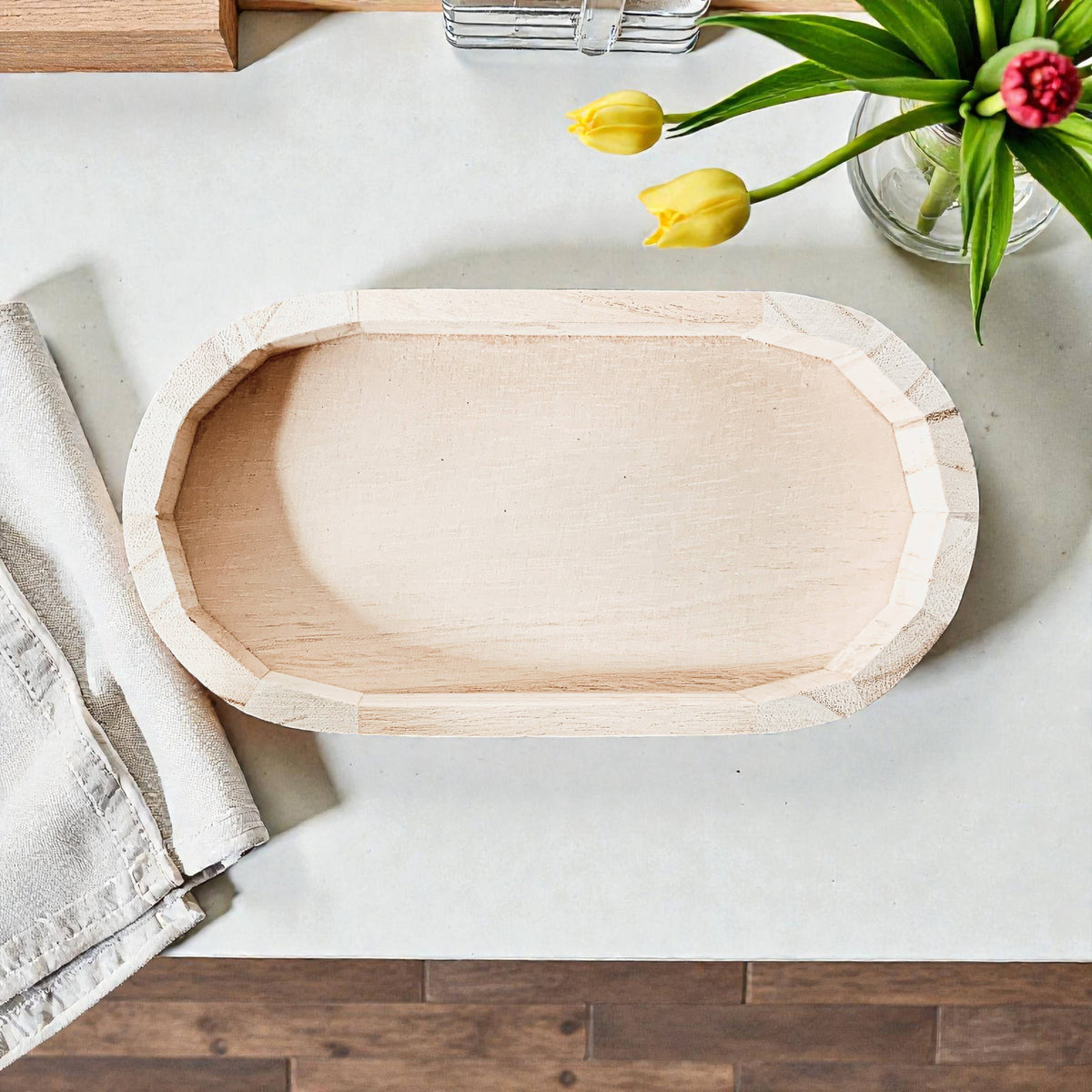 Raised Handmade Wooden Pedestal Stands, Wood Trinket Trays: Rustic Distressed Oval