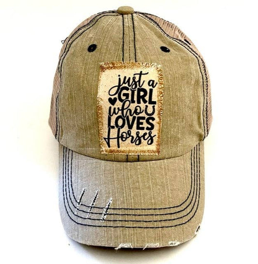 JUST A GIRL WHO LOVES HORSES DISTRESSED TRUCKER HAT: NO BLING / TAN