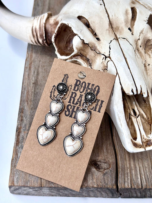 Western Style 3 Heart Stone Triple Post Drop Earrings: White