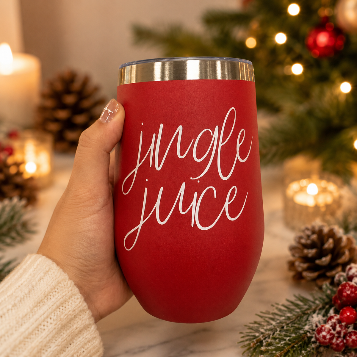 Christmas 2026 Party Drinkware, Red Holiday Tumblers w Lid: Mama Juice 12oz